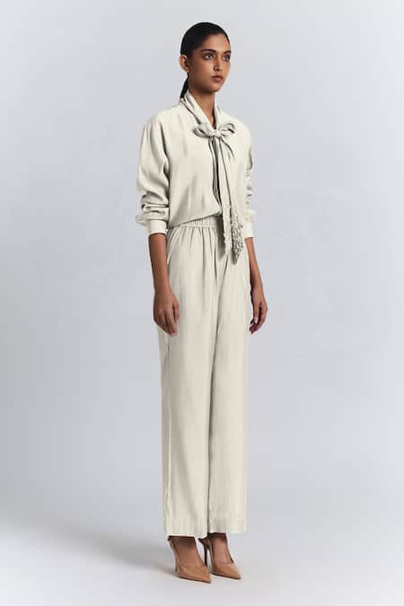 Buy Line Out Line Off White Chanderi Beads Collared Bow Shirt And Pant Set Online at Aza Fashions Buy_Line Out Line_Off White Chanderi Beads Collared Bow Shirt And Pant Set _Online_at_Aza_Fashions