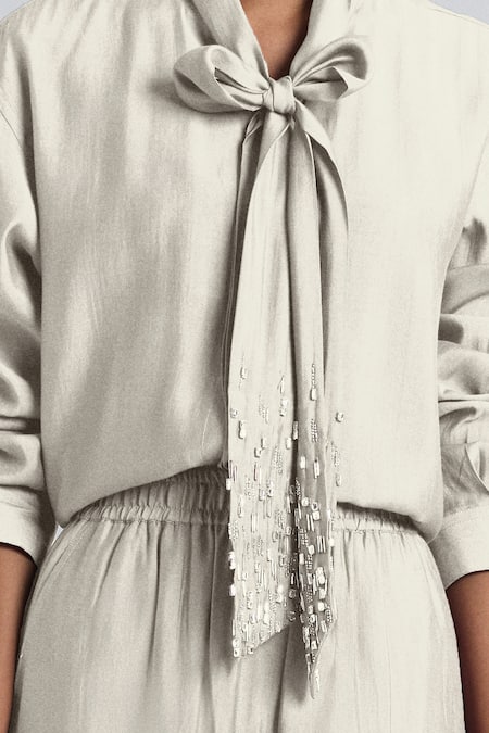 Shop Line Out Line Off White Chanderi Beads Collared Bow Shirt And Pant Set Online at Aza Fashions Shop_Line Out Line_Off White Chanderi Beads Collared Bow Shirt And Pant Set _Online_at_Aza_Fashions
