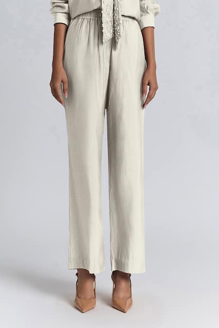 Line Out Line Off White Chanderi Beads Collared Bow Shirt And Pant Set at Aza Fashions Line Out Line_Off White Chanderi Beads Collared Bow Shirt And Pant Set _at_Aza_Fashions