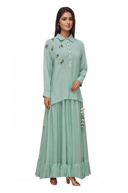 Neeta Bhargava Green Organic Cotton Stand Fall Collar High Low Tunic 