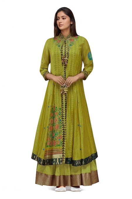 Neeta Bhargava Green Tissue, Cotton Silk Jacket Mandarin Hand Painted Lehenga Set 