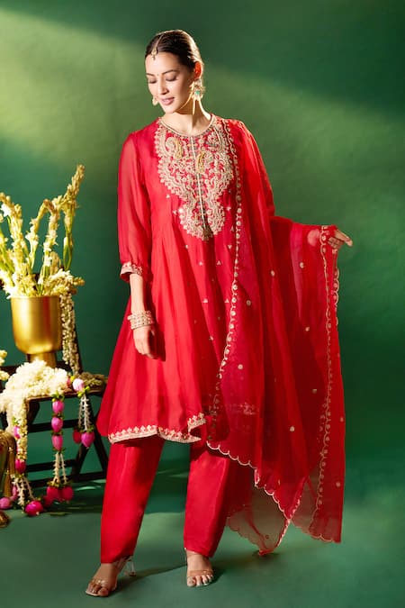 Shop Samyukta Singhania Red Organza, Silk, Shantoon Embroidery, Sequins Round Neck, Keyhole Anarkali Set Online at Aza Fashions Shop_Samyukta Singhania_Red Organza, Silk, Shantoon Embroidery, Sequins Round Neck, Keyhole Anarkali Set _Online_at_Aza_Fashions
