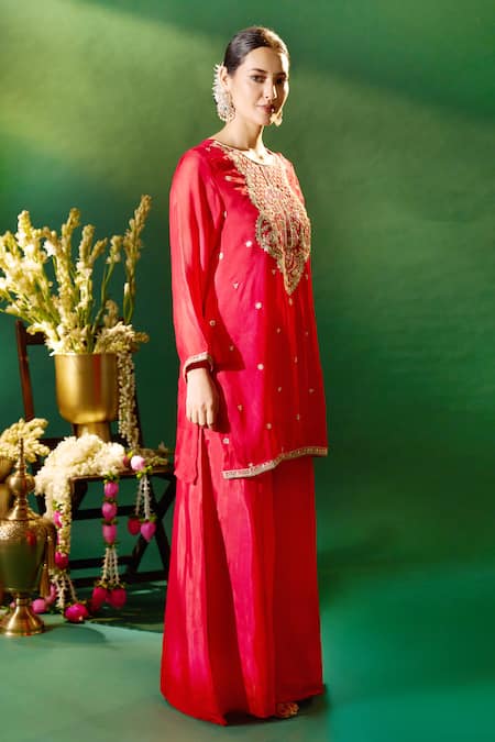 Buy Samyukta Singhania Red Organza, Silk, Shantoon Embroidery, Sequins Round Neck, Kurta Sharara Set Online at Aza Fashions Buy_Samyukta Singhania_Red Organza, Silk, Shantoon Embroidery, Sequins Round Neck, Kurta Sharara Set _Online_at_Aza_Fashions