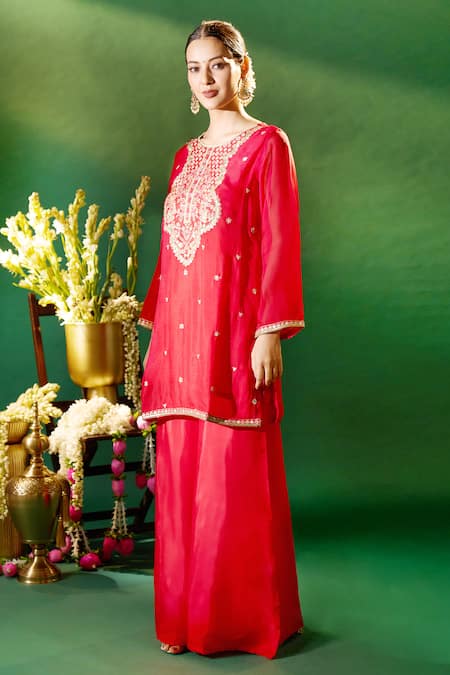 Shop Samyukta Singhania Red Organza, Silk, Shantoon Embroidery, Sequins Round Neck, Kurta Sharara Set Online at Aza Fashions Shop_Samyukta Singhania_Red Organza, Silk, Shantoon Embroidery, Sequins Round Neck, Kurta Sharara Set _Online_at_Aza_Fashions