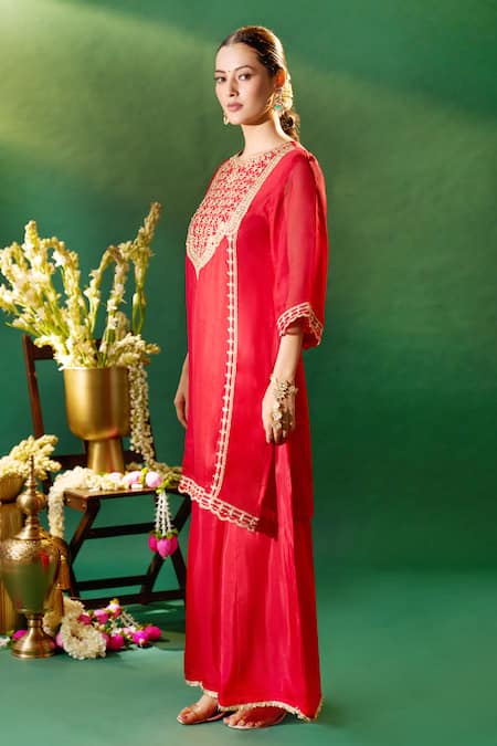 Shop Samyukta Singhania Red , , Shantoon, Embroidery, Zari, Kurta Sharara Set Online at Aza Fashions Shop_Samyukta Singhania_Red , , Shantoon, Embroidery, Zari, Kurta Sharara Set _Online_at_Aza_Fashions