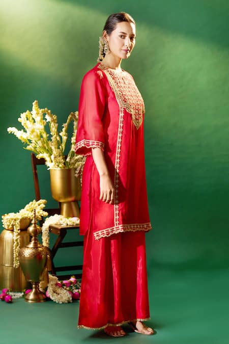 Samyukta Singhania Red , , Shantoon, Embroidery, Zari, Kurta Sharara Set at Aza Fashions Samyukta Singhania_Red , , Shantoon, Embroidery, Zari, Kurta Sharara Set _at_Aza_Fashions