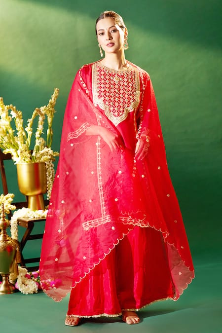 Shop Samyukta Singhania Red , , Shantoon, Embroidery, Zari, Kurta Sharara Set Shop_Samyukta Singhania_Red , , Shantoon, Embroidery, Zari, Kurta Sharara Set