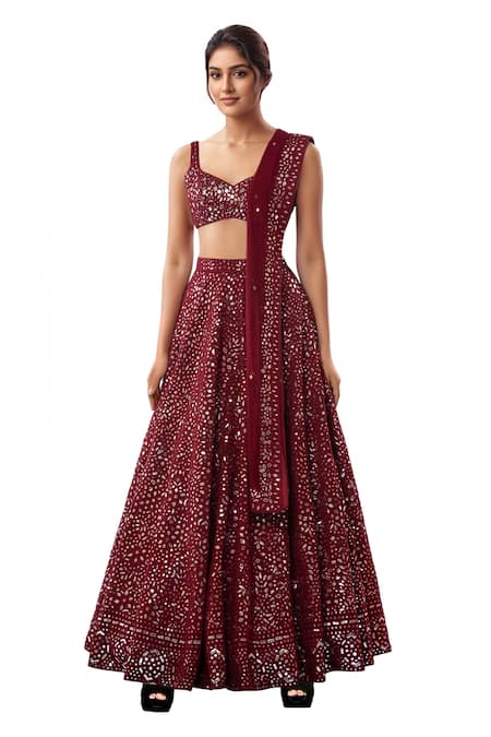 Tamanna Punjabi Kapoor Maroon Georgette Decolletage Embroidered Bridal Lehenga Set 