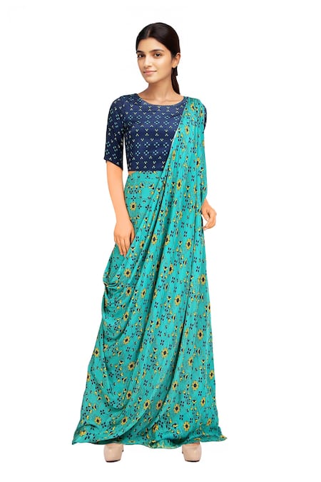 Soup By Sougat Paul Blue printed saree gown 