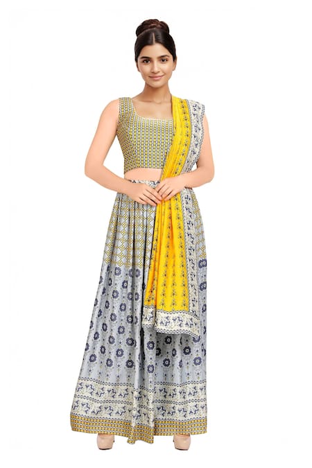 Soup By Sougat Paul Blue Satin U Neck Printed Lehenga Set