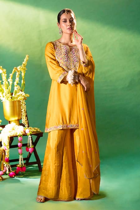 Buy Samyukta Singhania Mustard Silk, Shantoon, Chiffon Embroidery Round Neck, Split Kurta Sharara Set Online at Aza Fashions Buy_Samyukta Singhania_Mustard Silk, Shantoon, Chiffon Embroidery Round Neck, Split Kurta Sharara Set _Online_at_Aza_Fashions