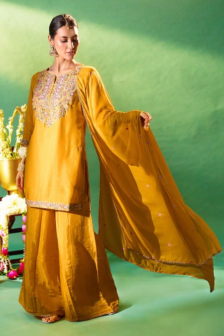 Shop Samyukta Singhania Mustard Silk, Shantoon, Chiffon Embroidery Round Neck, Split Kurta Sharara Set Online at Aza Fashions Shop_Samyukta Singhania_Mustard Silk, Shantoon, Chiffon Embroidery Round Neck, Split Kurta Sharara Set _Online_at_Aza_Fashions