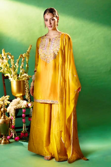 Samyukta Singhania Mustard Silk, Shantoon, Chiffon Embroidery Round Neck, Split Kurta Sharara Set at Aza Fashions Samyukta Singhania_Mustard Silk, Shantoon, Chiffon Embroidery Round Neck, Split Kurta Sharara Set _at_Aza_Fashions