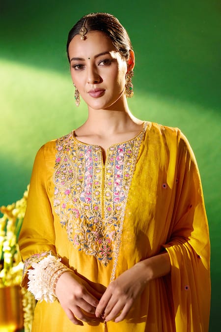 Shop Samyukta Singhania Mustard Silk, Shantoon, Chiffon Embroidery Round Neck, Split Kurta Sharara Set Shop_Samyukta Singhania_Mustard Silk, Shantoon, Chiffon Embroidery Round Neck, Split Kurta Sharara Set