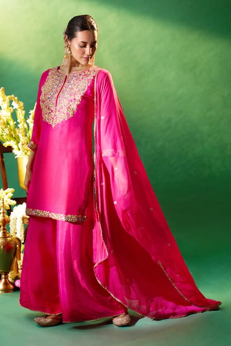 Shop Samyukta Singhania Fuchsia Silk, Shantoon, Chiffon Embroidery, Gota Patti, Yoke Kurta Sharara Set Online at Aza Fashions Shop_Samyukta Singhania_Fuchsia Silk, Shantoon, Chiffon Embroidery, Gota Patti, Yoke Kurta Sharara Set _Online_at_Aza_Fashions