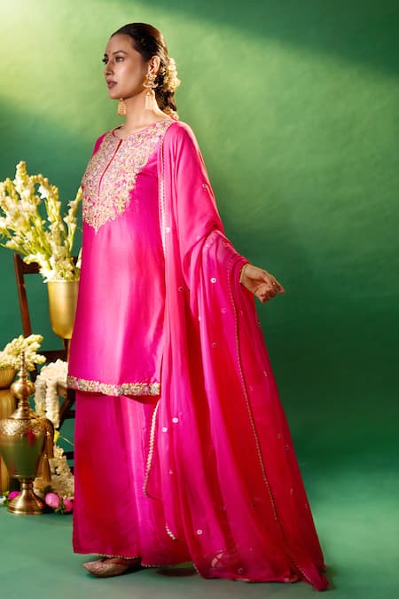 Samyukta Singhania Fuchsia Silk, Shantoon, Chiffon Embroidery, Gota Patti, Yoke Kurta Sharara Set at Aza Fashions Samyukta Singhania_Fuchsia Silk, Shantoon, Chiffon Embroidery, Gota Patti, Yoke Kurta Sharara Set _at_Aza_Fashions