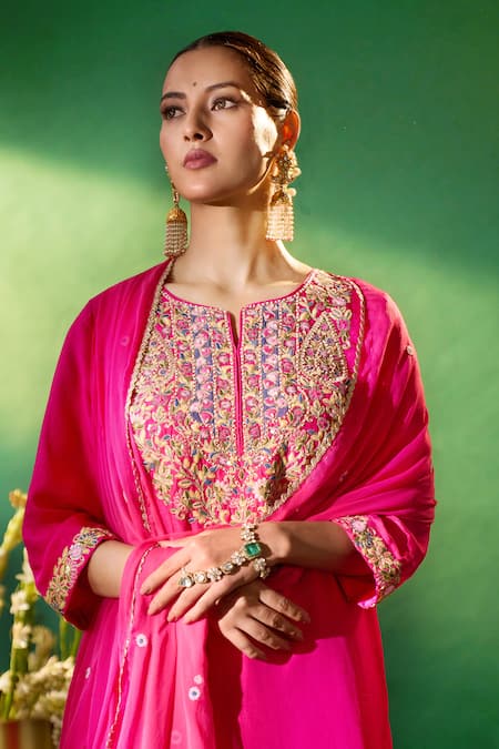 Buy Samyukta Singhania Fuchsia Silk, Shantoon, Chiffon Embroidery, Gota Patti, Yoke Kurta Sharara Set Buy_Samyukta Singhania_Fuchsia Silk, Shantoon, Chiffon Embroidery, Gota Patti, Yoke Kurta Sharara Set