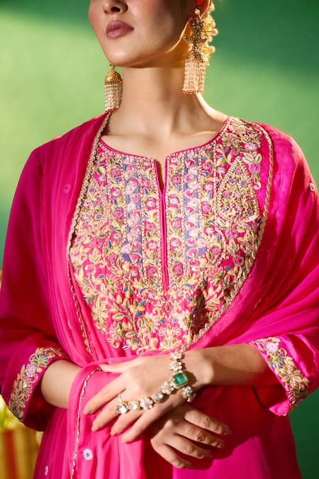 Shop Samyukta Singhania Fuchsia Silk, Shantoon, Chiffon Embroidery, Gota Patti, Yoke Kurta Sharara Set Shop_Samyukta Singhania_Fuchsia Silk, Shantoon, Chiffon Embroidery, Gota Patti, Yoke Kurta Sharara Set