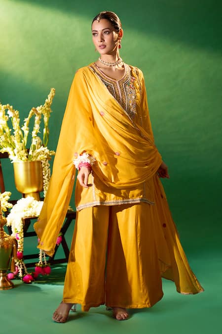 Shop Samyukta Singhania Mustard Silk, Shantoon, Chiffon Embroidery, Sequins, Metallic Kurta Sharara Set Online at Aza Fashions Shop_Samyukta Singhania_Mustard Silk, Shantoon, Chiffon Embroidery, Sequins, Metallic Kurta Sharara Set _Online_at_Aza_Fashions