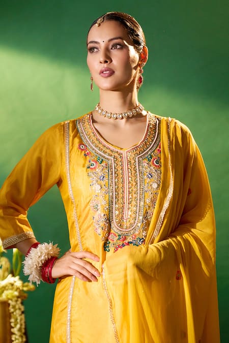 Buy Samyukta Singhania Mustard Silk, Shantoon, Chiffon Embroidery, Sequins, Metallic Kurta Sharara Set Buy_Samyukta Singhania_Mustard Silk, Shantoon, Chiffon Embroidery, Sequins, Metallic Kurta Sharara Set