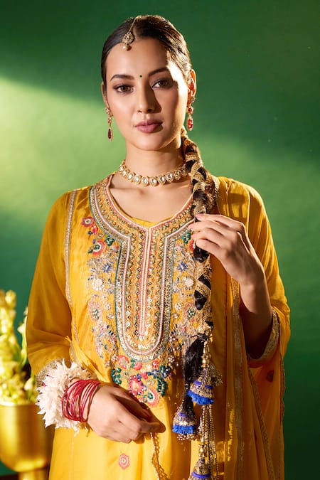 Shop Samyukta Singhania Mustard Silk, Shantoon, Chiffon Embroidery, Sequins, Metallic Kurta Sharara Set Shop_Samyukta Singhania_Mustard Silk, Shantoon, Chiffon Embroidery, Sequins, Metallic Kurta Sharara Set