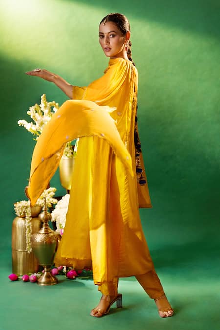 Shop Samyukta Singhania Mustard Silk, Shantoon, Chiffon Embroidery, Beads, Sequins Round Yoke Kurta Set Online at Aza Fashions Shop_Samyukta Singhania_Mustard Silk, Shantoon, Chiffon Embroidery, Beads, Sequins Round Yoke Kurta Set _Online_at_Aza_Fashions