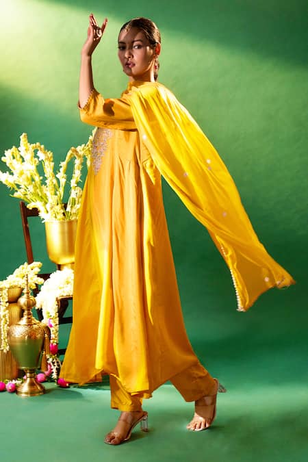 Samyukta Singhania Mustard Silk, Shantoon, Chiffon Embroidery, Beads, Sequins Round Yoke Kurta Set at Aza Fashions Samyukta Singhania_Mustard Silk, Shantoon, Chiffon Embroidery, Beads, Sequins Round Yoke Kurta Set _at_Aza_Fashions