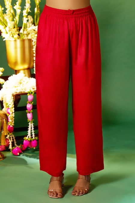 Samyukta Singhania Red Organza, Silk, Shantoon Embroidery, Zari Round Neck Kurta Set Online at Aza Fashions Samyukta Singhania_Red Organza, Silk, Shantoon Embroidery, Zari Round Neck Kurta Set _Online_at_Aza_Fashions