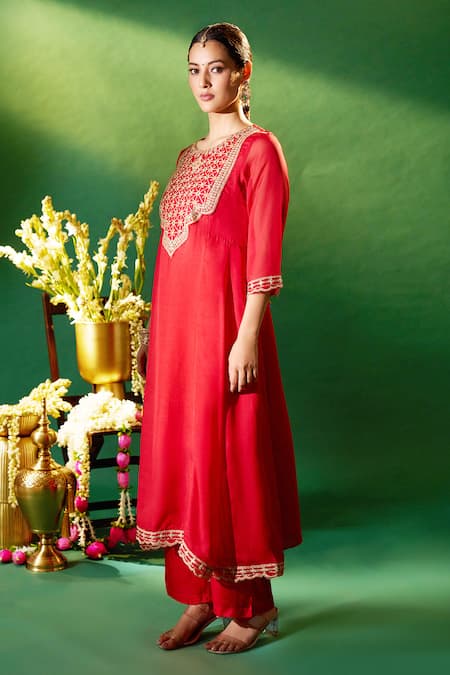 Shop Samyukta Singhania Red Organza, Silk, Shantoon Embroidery, Zari Round Neck Kurta Set Online at Aza Fashions Shop_Samyukta Singhania_Red Organza, Silk, Shantoon Embroidery, Zari Round Neck Kurta Set _Online_at_Aza_Fashions