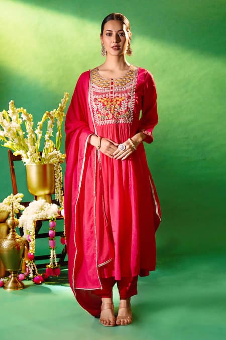 Buy Samyukta Singhania Red Chanderi, Shantoon Embroidery Round Neck, Split Yoke Anarkali Kurta Set Online at Aza Fashions Buy_Samyukta Singhania_Red Chanderi, Shantoon Embroidery Round Neck, Split Yoke Anarkali Kurta Set _Online_at_Aza_Fashions
