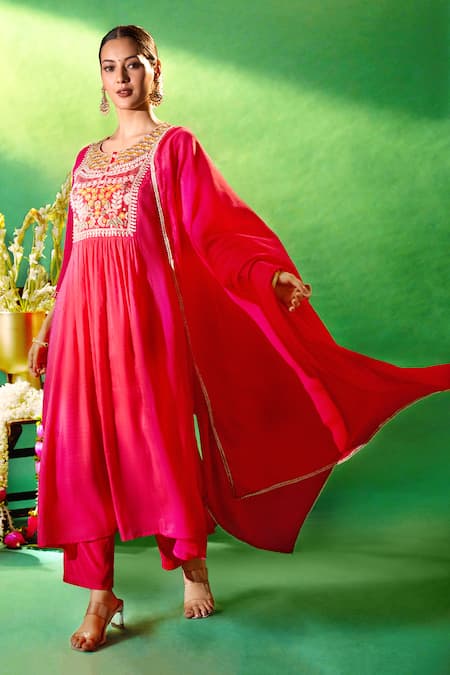 Samyukta Singhania Red Chanderi, Shantoon Embroidery Round Neck, Split Yoke Anarkali Kurta Set at Aza Fashions Samyukta Singhania_Red Chanderi, Shantoon Embroidery Round Neck, Split Yoke Anarkali Kurta Set _at_Aza_Fashions