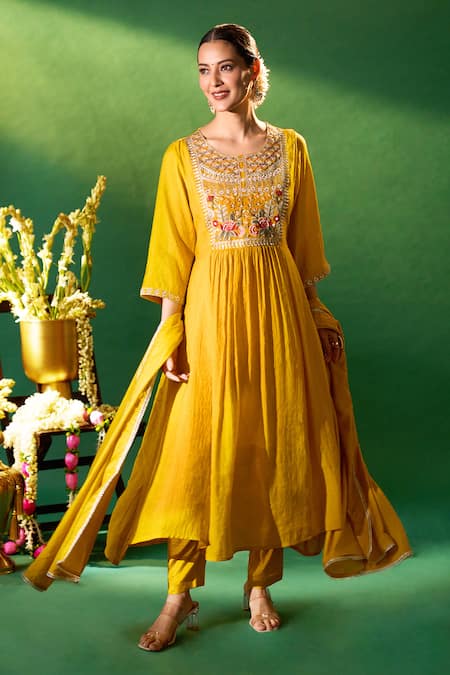 Shop Samyukta Singhania Mustard Chanderi, Shantoon Embroidery Round Neck Anarkali Set Shop_Samyukta Singhania_Mustard Chanderi, Shantoon Embroidery Round Neck Anarkali Set