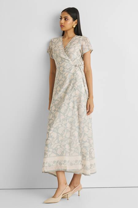 Reistor_Off White Crepe V-neck Floral Print Wrap Dress _Online_at_Aza_Fashions