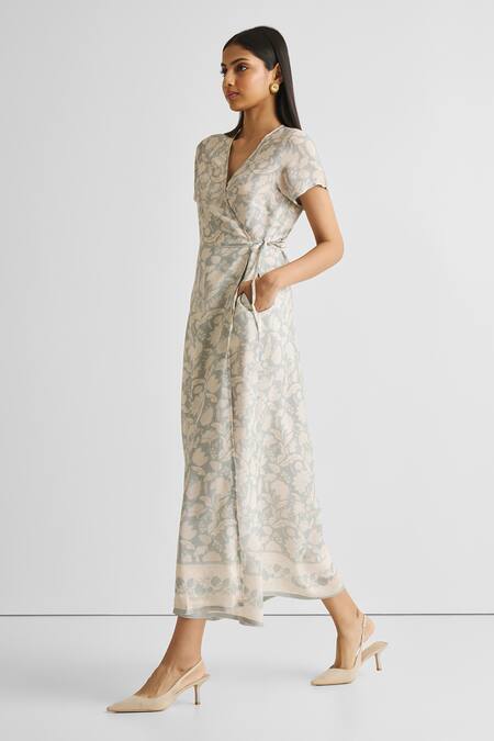 Shop_Reistor_Off White Crepe V-neck Floral Print Wrap Dress _Online_at_Aza_Fashions