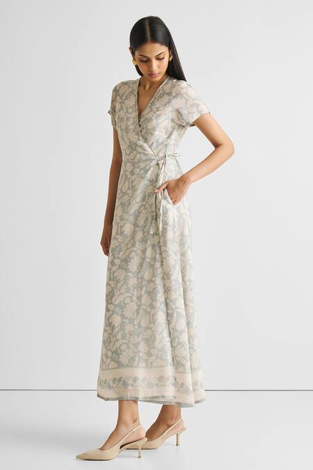 Reistor_Off White Crepe V-neck Floral Print Wrap Dress _at_Aza_Fashions