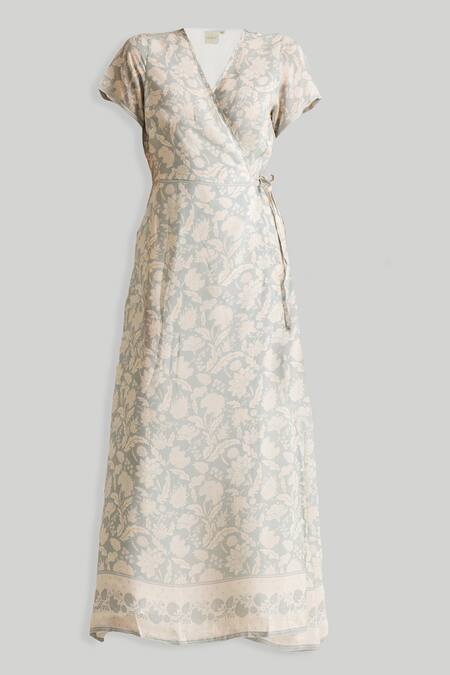 Buy_Reistor_Off White Crepe V-neck Floral Print Wrap Dress 
