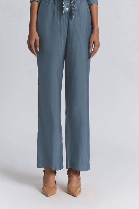 Line Out Line Gray Chanderi Beads High Neck Tie-up Shirt And Pant Set at Aza Fashions Line Out Line_Gray Chanderi Beads High Neck Tie-up Shirt And Pant Set _at_Aza_Fashions