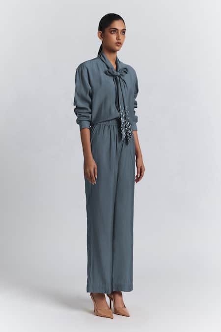 Buy Line Out Line Gray Chanderi Beads High Neck Tie-up Shirt And Pant Set Buy_Line Out Line_Gray Chanderi Beads High Neck Tie-up Shirt And Pant Set