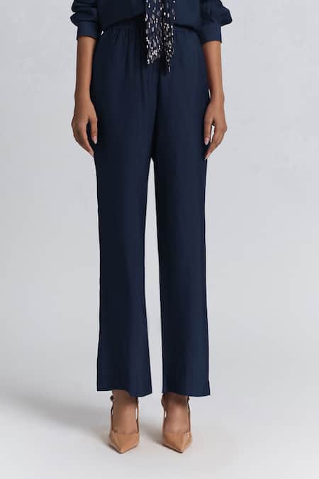 Line Out Line Navy Chanderi Beads Collared Tie-up Shirt And Pant Set at Aza Fashions Line Out Line_Navy Chanderi Beads Collared Tie-up Shirt And Pant Set _at_Aza_Fashions