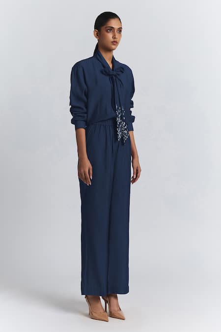 Buy Line Out Line Navy Chanderi Beads Collared Tie-up Shirt And Pant Set Buy_Line Out Line_Navy Chanderi Beads Collared Tie-up Shirt And Pant Set