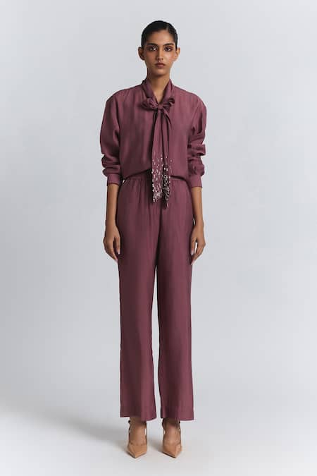 Line Out Line Pink Chanderi Beads Collared Bow Tie Shirt And Pant Set