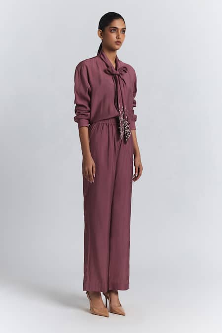 Line Out Line Pink Chanderi Beads Collared Bow Tie Shirt And Pant Set at Aza Fashions Line Out Line_Pink Chanderi Beads Collared Bow Tie Shirt And Pant Set _at_Aza_Fashions