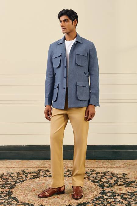 Buy Gargee Designers Blue Cotton, Suiting Utility Pocket Shacket Online at Aza Fashions Buy_Gargee Designers_Blue Cotton, Suiting Utility Pocket Shacket _Online_at_Aza_Fashions