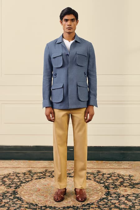 Shop Gargee Designers Blue Cotton, Suiting Utility Pocket Shacket Online at Aza Fashions Shop_Gargee Designers_Blue Cotton, Suiting Utility Pocket Shacket _Online_at_Aza_Fashions