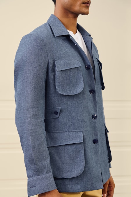 Buy Gargee Designers Blue Cotton, Suiting Utility Pocket Shacket Buy_Gargee Designers_Blue Cotton, Suiting Utility Pocket Shacket