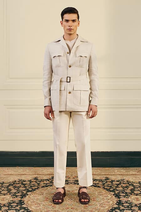 Buy Gargee Designers Beige Linen Herringbone Shacket With Belt Online at Aza Fashions Buy_Gargee Designers_Beige Linen Herringbone Shacket With Belt _Online_at_Aza_Fashions