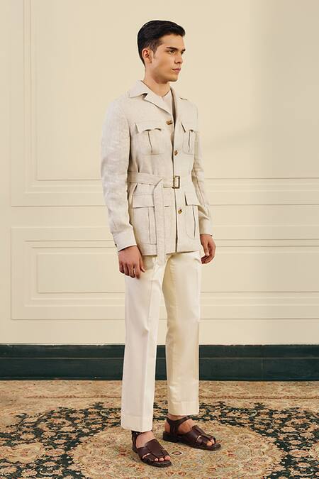 Shop Gargee Designers Beige Linen Herringbone Shacket With Belt Online at Aza Fashions Shop_Gargee Designers_Beige Linen Herringbone Shacket With Belt _Online_at_Aza_Fashions