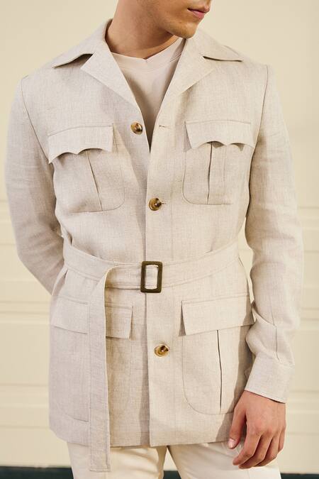 Gargee Designers Beige Linen Herringbone Shacket With Belt at Aza Fashions Gargee Designers_Beige Linen Herringbone Shacket With Belt _at_Aza_Fashions