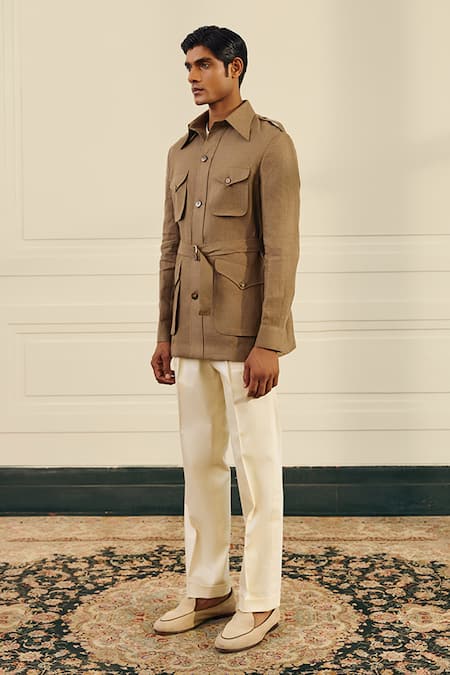 Buy Gargee Designers Beige Linen Buckles Herringbone Shacket With Belt Online at Aza Fashions Buy_Gargee Designers_Beige Linen Buckles Herringbone Shacket With Belt _Online_at_Aza_Fashions