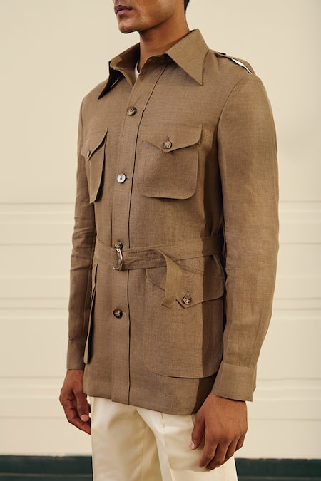 Shop Gargee Designers Beige Linen Buckles Herringbone Shacket With Belt Online at Aza Fashions Shop_Gargee Designers_Beige Linen Buckles Herringbone Shacket With Belt _Online_at_Aza_Fashions